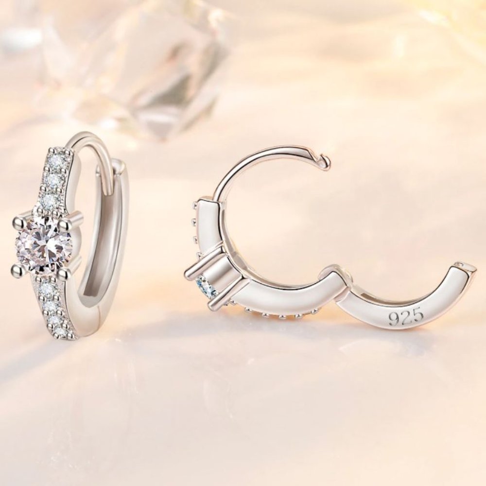 925 Sterling Silver Diamond Huggie Earrings Minimalist Small Hoop Earrings - Picture 5 of 5
